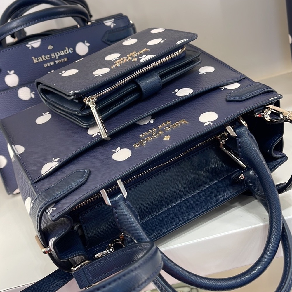 Kate Spade Staci Sm Satchel Orchard Toss Pr & Staci Lg White Apple Bifold Wallet - Picture 7 of 16